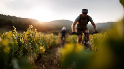 Cyclists enjoying mountain biking in vineyard.