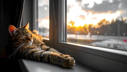 Striped tabby cat peacefully basking on a windowsill, bathed in the warm glow of a setting sun