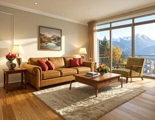 Fototapeta premium Cozy Living Room with Mountain View and Natural Light.