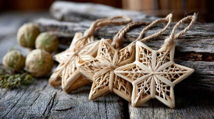 Handmade straw star christmas decorations on rustic wood