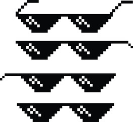 Obraz premium Pixel sunglasses icons set, retro pixelated glasses collection, meme and cool accessory vector illustration, black flat style design, digital 8-bit shades set on transparent background