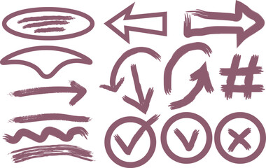 Group of purple brush stroke elements including arrows and symbols background check