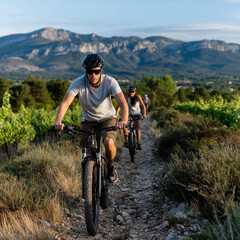 Fototapeta premium Cyclists enjoying mountain biking in vineyard.