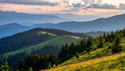 Serene hilly landscape with verdant slopes, layered mountains under a sky with pink and purple hues