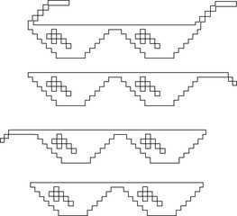 Pixel sunglasses icons set, retro pixelated glasses collection, meme and cool accessory vector illustration, black line style design, digital 8-bit shades set on transparent background