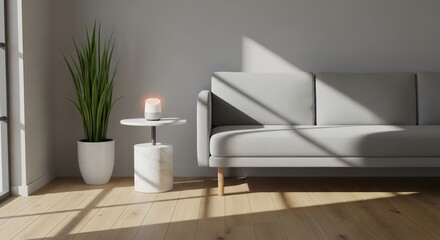 Minimal Smart Home Scene
A clean living room corner with a visible smart speaker glowing softly — realistic sunlight and shadows.