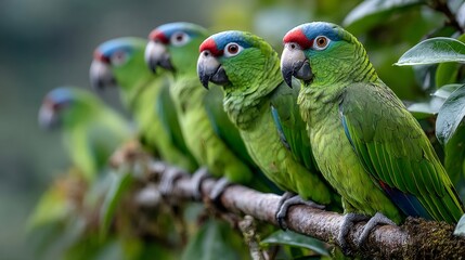 Green parrots resting on tree branch in nature