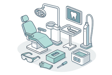 Isometric dental setup with examination chair, overhead light, instruments, and -ray display