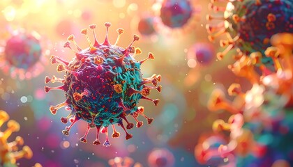 Microscopic rendition of virus cells with spikes, glowing, colorful, and blurred bokeh background