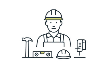 Professional builder wearing a hard hat surrounded by construction and repair tools