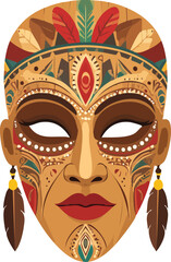 An intricately designed tribal mask with vibrant colors and feather accents, evoking a sense of cultural heritage and mystery.