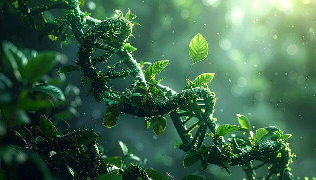 Plant-covered DNA helix with bokeh light. Symbolic representation of nature and genetic code merging in a bright setting