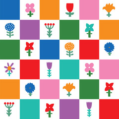 Retro Style Floral Seamless Vector Patterns with cute Flowers. Floral design in dopamine colors, perfect for wallpapers, fabrics