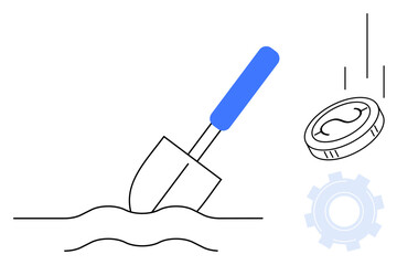 Shovel digging soil, coin falling, gear symbolizing investment, wealth growth, business strategy. Ideal for finance, innovation, development, teamwork agriculture planning simple flat metaphor