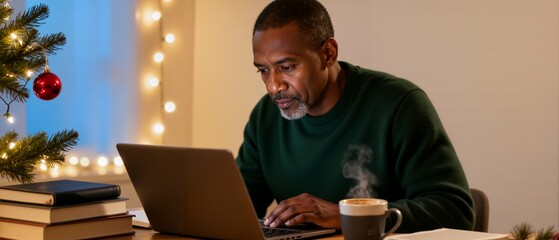 Focused African American man working on a laptop at home during the Christmas holidays. Remote work or online shopping in a cozy evening setting.