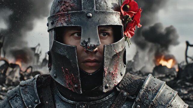 Warrior in scarred armor and helmet with poppies stands solemn amidst a smoky, burning battlefield, contrasting destruction with remembrance and hope, representing peace after conflict