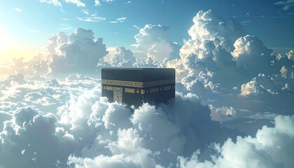 Cubic structure adorned with gold details, floating amidst voluminous white clouds under a bright, blue sky