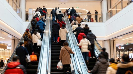 Large crowd of shoppers riding escalators in busy shopping mall for Christmas