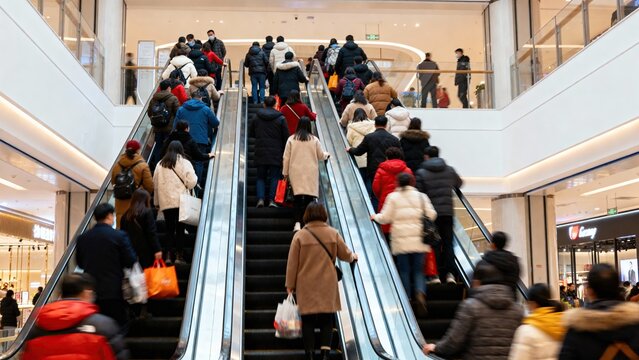 Large crowd of shoppers riding escalators in busy shopping mall for Christmas  