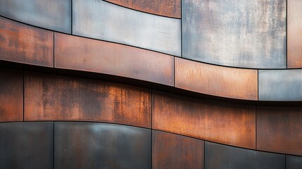 Architectural abstract of weathered metal panels in rusty copper and muted blue-gray tones, creating a geometric composition of overlapping rectangular surfaces with subtle texture variations