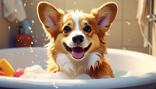 Happy corgi dog in a bubbly white bathtub with bright lighting and tile background
