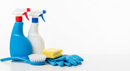 Household cleaning supplies: spray bottles, scrub brush, sponges, rubber gloves on white background