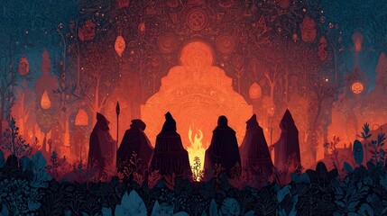 A group of robed figures gathered in a surreal dream like forest setting illuminated by a warm glowing light and surrounded by an otherworldly atmosphere