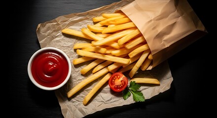 Delicious Golden Crispy French Fries Served Hot in a Brown Paper Bag Accompanied by Rich Red Ketchup Sauce Presented on Textured Parchment Paper and a Dark Wooden Surface for a Gourmet Fast