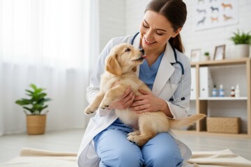 Caring female veterinarian holding a cute golden retriever puppy. Professional pet checkup at a modern vet clinic. Animal healthcare and wellness concept