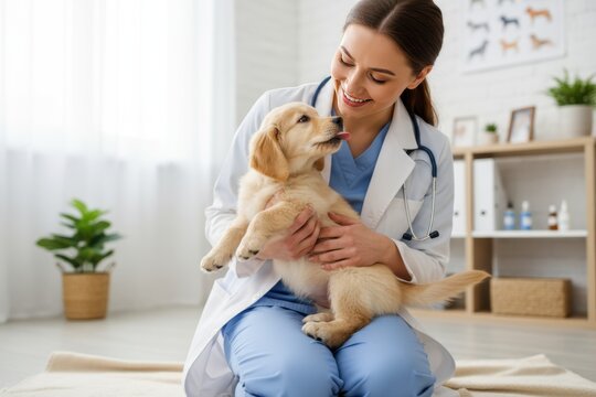 Caring female veterinarian holding a cute golden retriever puppy. Professional pet checkup at a modern vet clinic. Animal healthcare and wellness concept