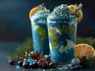 Pair of Abstract Superfood Earth Globe Smoothies Garnished with Citrus Slice Star Anise and Pine Sprigs for Festive Winter Holiday Drink Concept