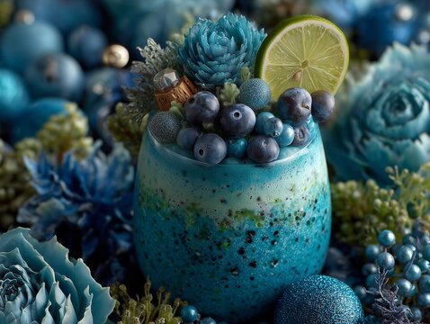 Gourmet Superfood Smoothie with Blueberry Topping and Fresh Lime Slice Garnished with Artistic Floral Arrangement and Decorative Berries Studio Shot - Powered by Adobe
