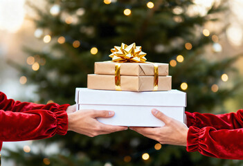 Two people exchanging a Christmas box with a gold bow. Close-up on hands giving presents for the holidays. Festive celebration and sharing concept
