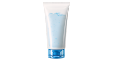 Refreshing white and blue cosmetic product tube with a clear cap, showcasing a hydrating gel texture, ideal for beauty concepts, isolated on a clean transparent background