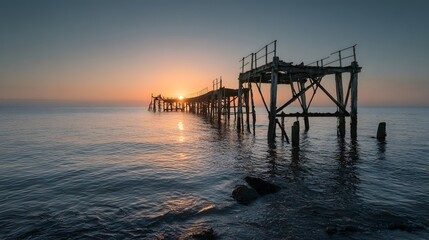 Verfallener Holzsteg im Meer bei Sonnenuntergang
