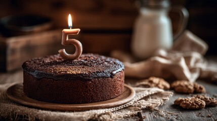 Delicious chocolate cake with lit number 5 candle for child's 5th birthday party celebration, festive dessert on colorful party table, fun birthday concept for kids, sweet treat for special occasions