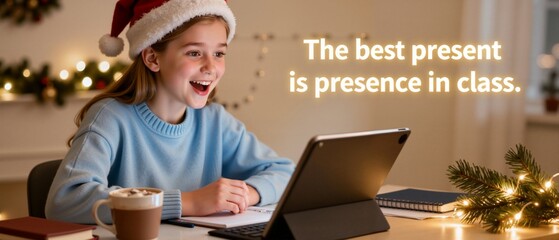 Happy girl in a Santa hat studying online with a tablet during Christmas. Young student attending a virtual class from a cozy festive home. Education and school attendance concept banner.