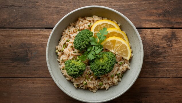 Abstract Bowl Composition with Rice, Broccoli, and Lemon Slices Arrangement. - Powered by Adobe