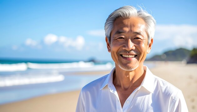 Smiling older man with gray hair stands on a sunny beach with ocean waves