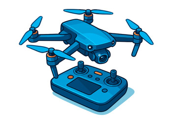Blue quadcopter drone with camera and remote controller for aerial video recording