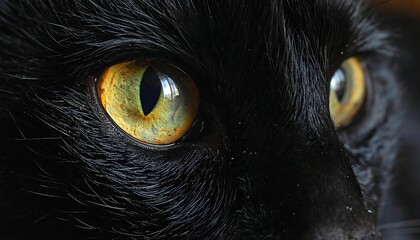 A close-up of a black cat's face with striking yellow-green eyes, captured in sharp focus, with texture