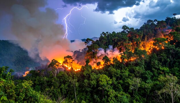 Lightning strikes a forest fire amidst lush green trees under a dramatic stormy sky, nature in chaos