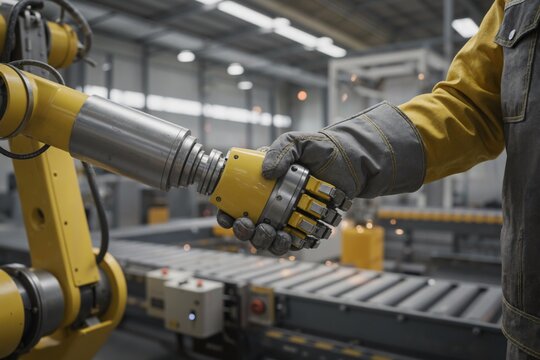 A worker's gloved hand shakes hands with a yellow robot in a factory