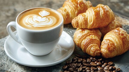 Indulge in a perfect morning moment with artisan latte art and golden, flaky croissants beside freshly roasted coffee beans on rustic stone surface