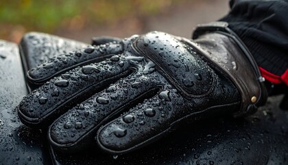 Wet, black leather glove rests on a textured surface, catching light reflections from water droplets