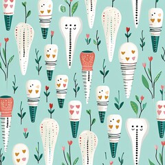 Delightful Whimsical Radish Vegetable Pattern on Turquoise Background for Textile and Design Use