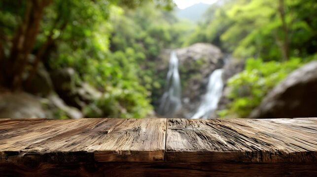 The wooden table behind is a waterfall and forest.