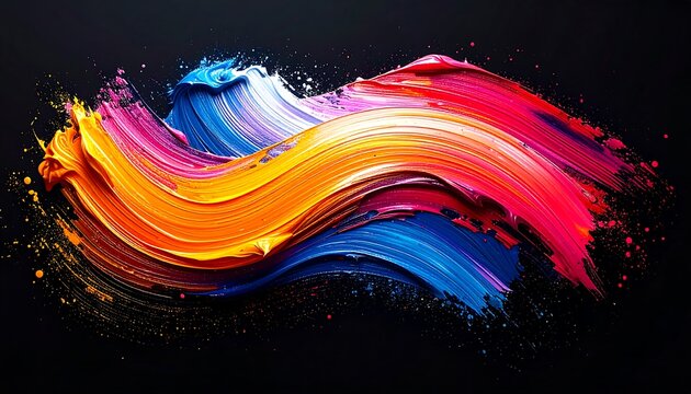 Vibrant strokes of swirling orange, pink, and blue paint on a stark black background, creating a dynamic abstract design