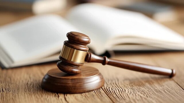 Wooden gavel placed on a wooden surface with an open law book in the background - symbol of justice and legal proceedings.