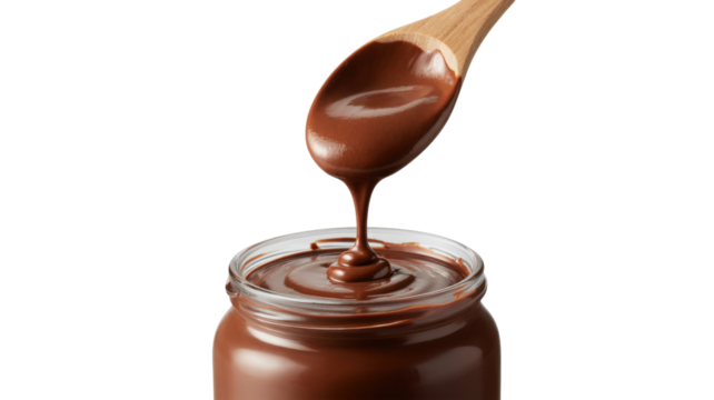 Chocolate spread dripping from wooden spoon isolated on a transparent background